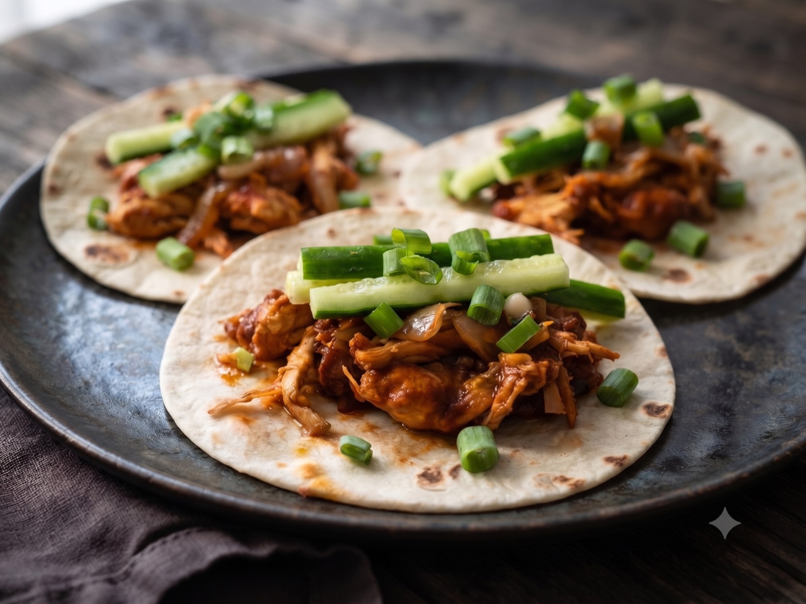 Three shredded hoisin garlic chicken tacos on flour tortillas, topped with cucumber and sliced scallions, on a dark plate