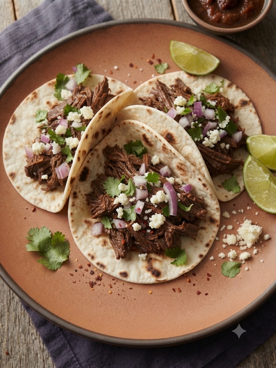 Three shredded beef barbacoa tacos on flour tortillas, topped with cilantro, red onion, and cotija, with lime wedges on the side